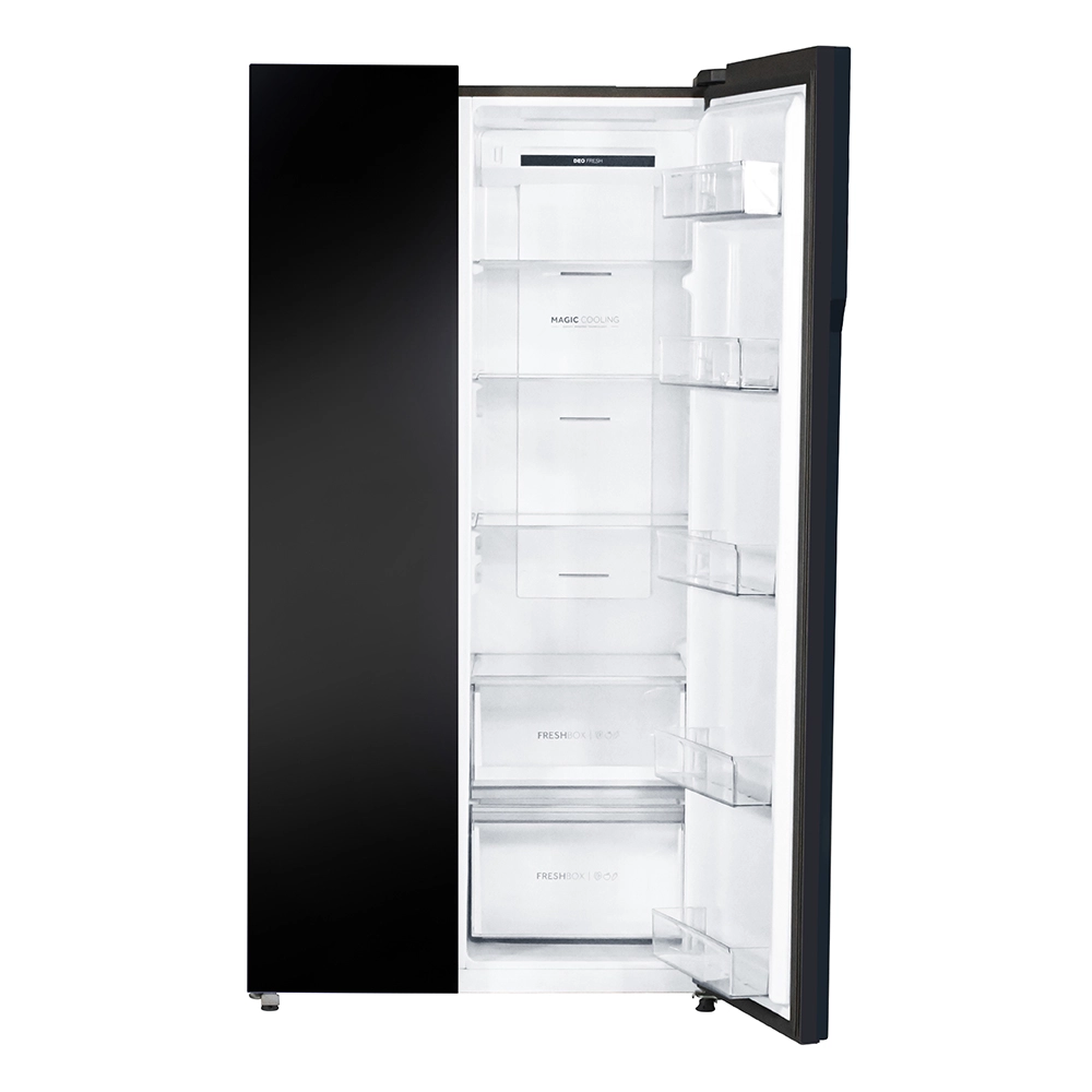 Haier Vogue Series 602L , Black Yello w Glass Finish 2 Door Side by side Convertible Refrigerator HRS-682KYG